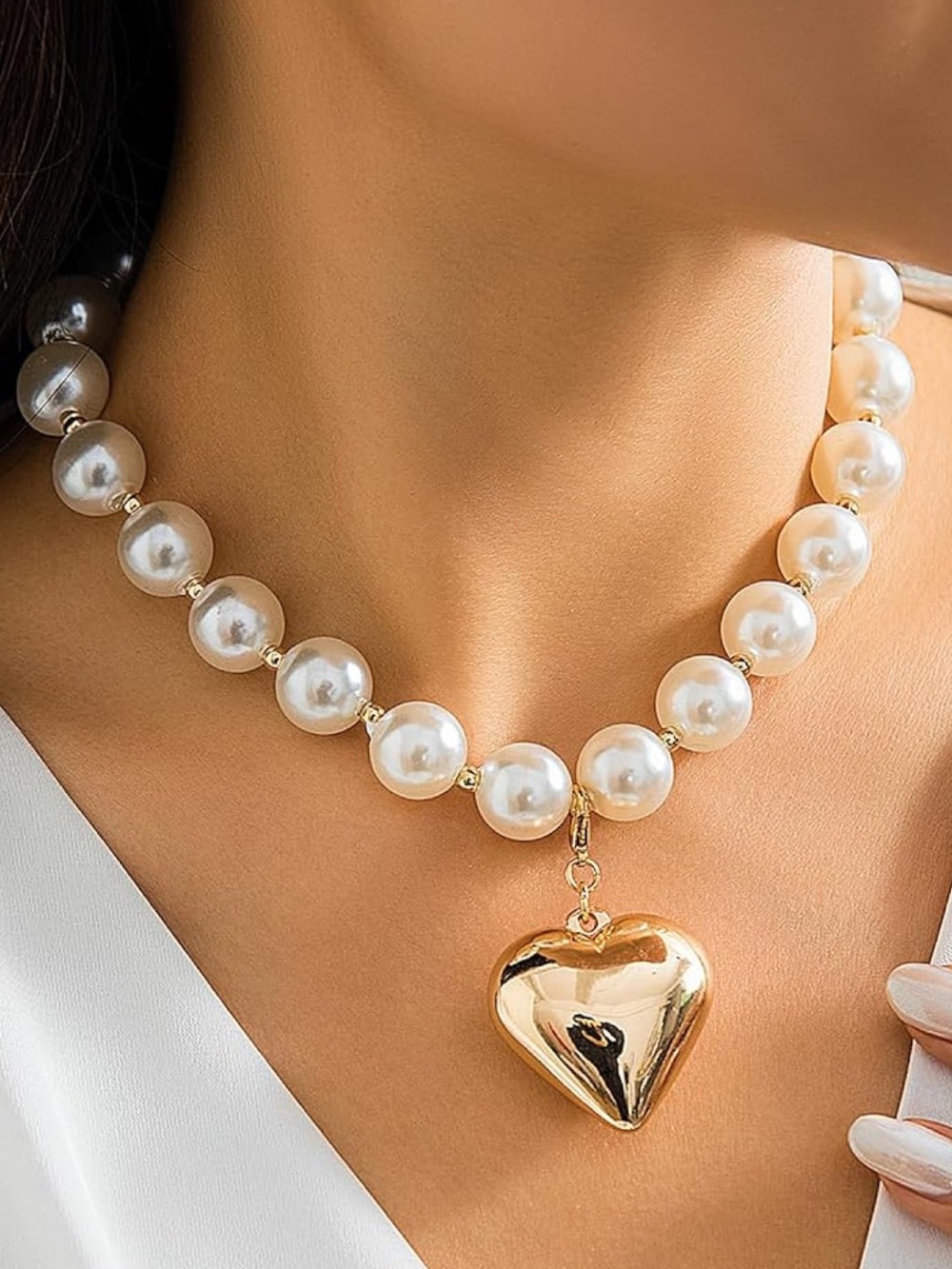 Anthropologie Pearl Necklace with Gold Heart Charm